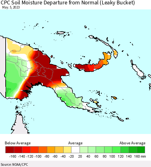 Papua New Guinea CPC Soil Moisture Departure from Normal (Leaky Bucket) Thematic Map For 5/1/2023 - 5/5/2023