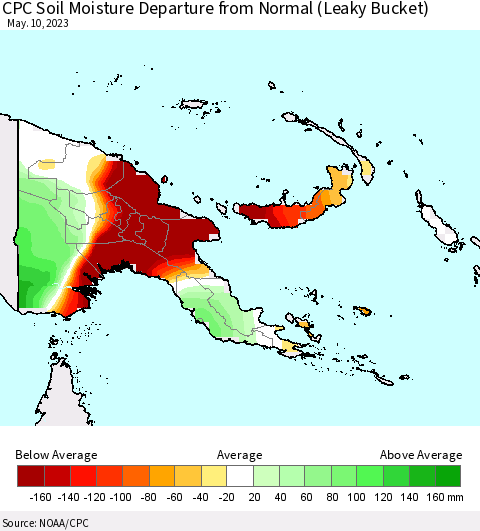 Papua New Guinea CPC Soil Moisture Departure from Normal (Leaky Bucket) Thematic Map For 5/6/2023 - 5/10/2023