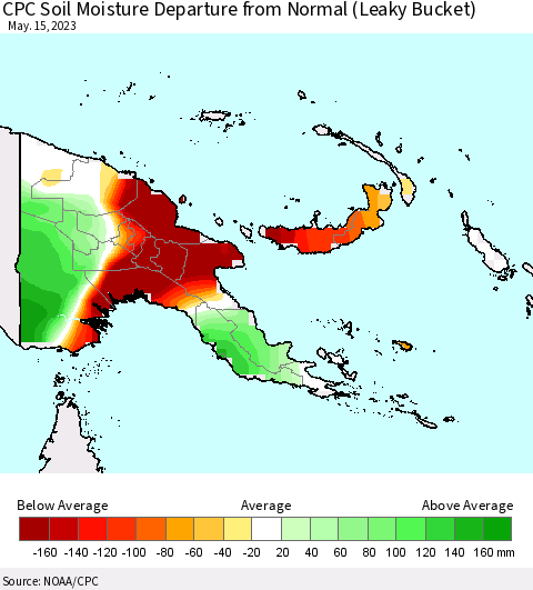 Papua New Guinea CPC Soil Moisture Departure from Normal (Leaky Bucket) Thematic Map For 5/11/2023 - 5/15/2023