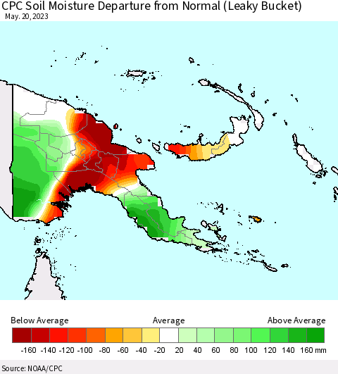 Papua New Guinea CPC Soil Moisture Departure from Normal (Leaky Bucket) Thematic Map For 5/16/2023 - 5/20/2023