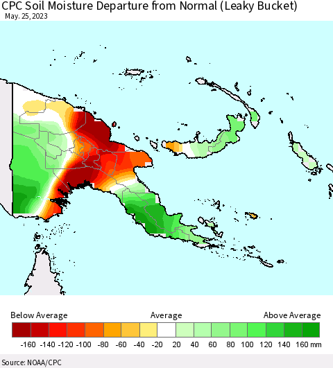 Papua New Guinea CPC Soil Moisture Departure from Normal (Leaky Bucket) Thematic Map For 5/21/2023 - 5/25/2023