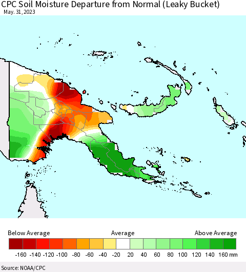 Papua New Guinea CPC Soil Moisture Departure from Normal (Leaky Bucket) Thematic Map For 5/26/2023 - 5/31/2023