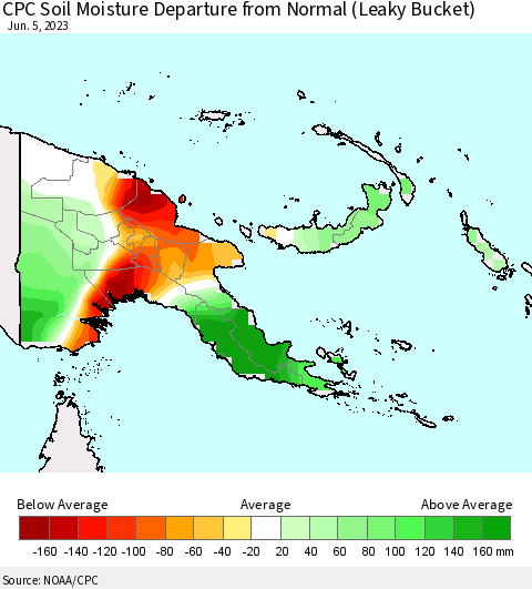 Papua New Guinea CPC Soil Moisture Departure from Normal (Leaky Bucket) Thematic Map For 6/1/2023 - 6/5/2023