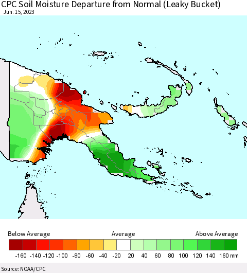 Papua New Guinea CPC Soil Moisture Departure from Normal (Leaky Bucket) Thematic Map For 6/11/2023 - 6/15/2023