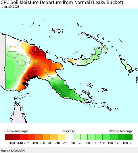 Papua New Guinea CPC Soil Moisture Departure from Normal (Leaky Bucket) Thematic Map For 6/16/2023 - 6/20/2023