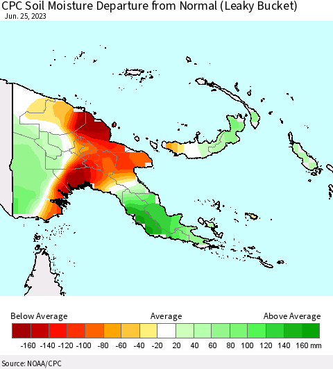 Papua New Guinea CPC Soil Moisture Departure from Normal (Leaky Bucket) Thematic Map For 6/21/2023 - 6/25/2023