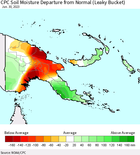 Papua New Guinea CPC Soil Moisture Departure from Normal (Leaky Bucket) Thematic Map For 6/26/2023 - 6/30/2023