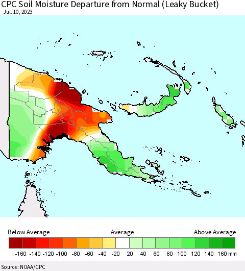 Papua New Guinea CPC Soil Moisture Departure from Normal (Leaky Bucket) Thematic Map For 7/6/2023 - 7/10/2023