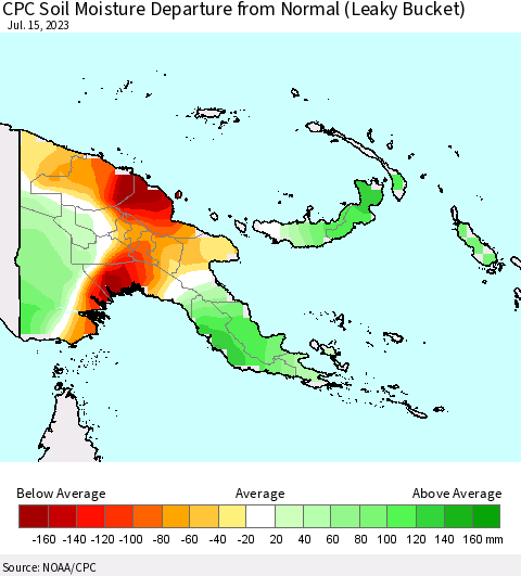 Papua New Guinea CPC Soil Moisture Departure from Normal (Leaky Bucket) Thematic Map For 7/11/2023 - 7/15/2023
