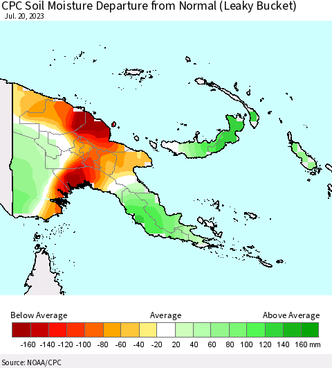 Papua New Guinea CPC Soil Moisture Departure from Normal (Leaky Bucket) Thematic Map For 7/16/2023 - 7/20/2023