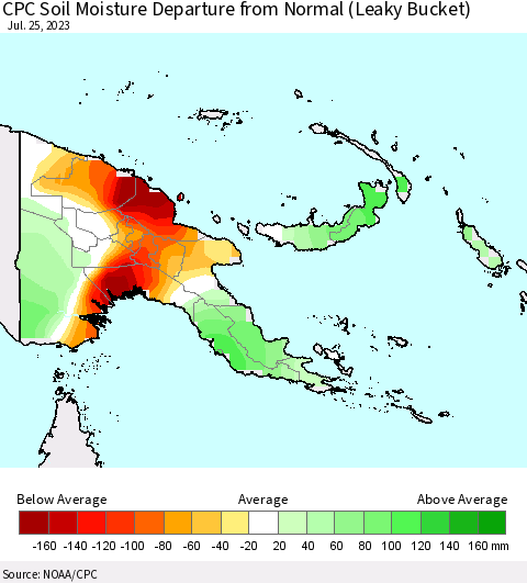Papua New Guinea CPC Soil Moisture Departure from Normal (Leaky Bucket) Thematic Map For 7/21/2023 - 7/25/2023