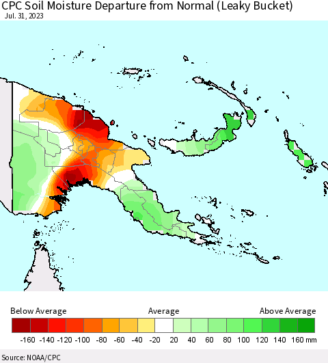Papua New Guinea CPC Soil Moisture Departure from Normal (Leaky Bucket) Thematic Map For 7/26/2023 - 7/31/2023
