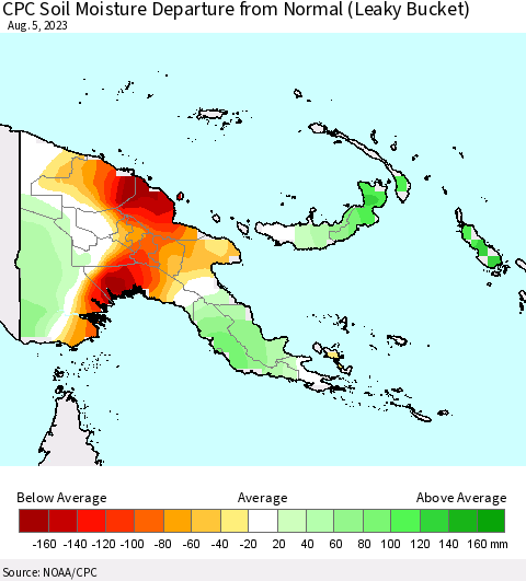 Papua New Guinea CPC Soil Moisture Departure from Normal (Leaky Bucket) Thematic Map For 8/1/2023 - 8/5/2023