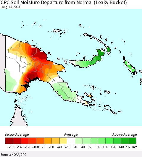 Papua New Guinea CPC Soil Moisture Departure from Normal (Leaky Bucket) Thematic Map For 8/11/2023 - 8/15/2023