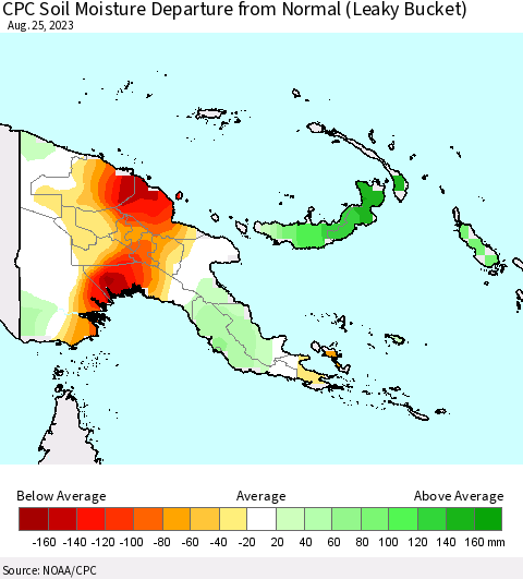 Papua New Guinea CPC Soil Moisture Departure from Normal (Leaky Bucket) Thematic Map For 8/21/2023 - 8/25/2023
