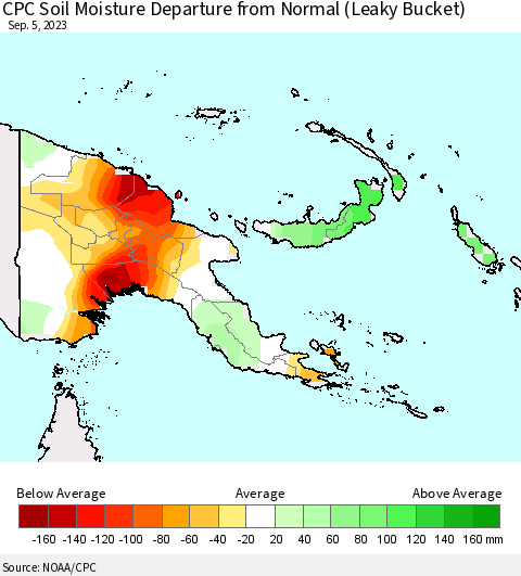 Papua New Guinea CPC Soil Moisture Departure from Normal (Leaky Bucket) Thematic Map For 9/1/2023 - 9/5/2023