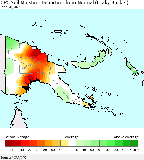 Papua New Guinea CPC Soil Moisture Departure from Normal (Leaky Bucket) Thematic Map For 9/16/2023 - 9/20/2023