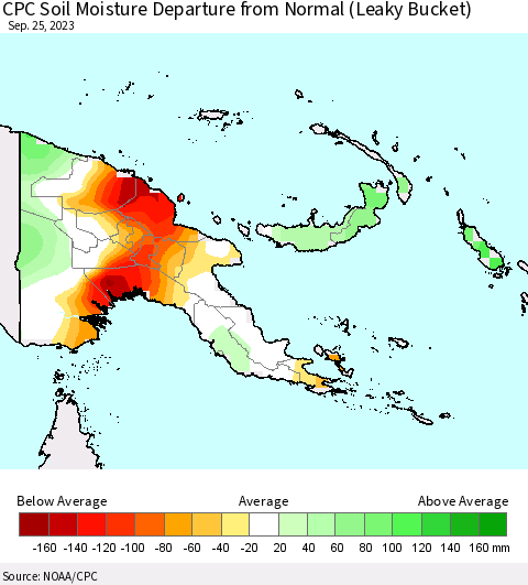 Papua New Guinea CPC Soil Moisture Departure from Normal (Leaky Bucket) Thematic Map For 9/21/2023 - 9/25/2023