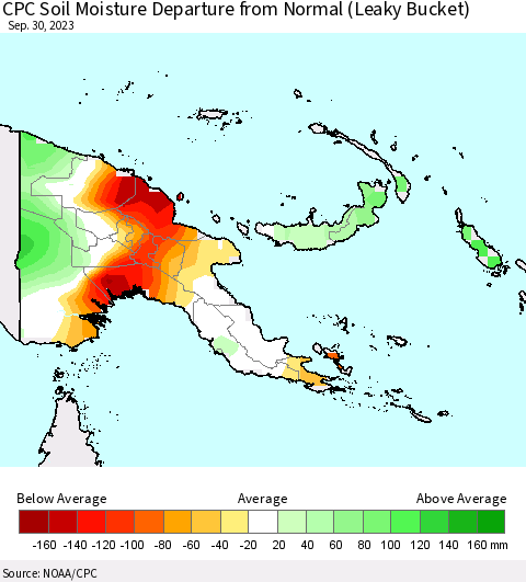 Papua New Guinea CPC Soil Moisture Departure from Normal (Leaky Bucket) Thematic Map For 9/26/2023 - 9/30/2023