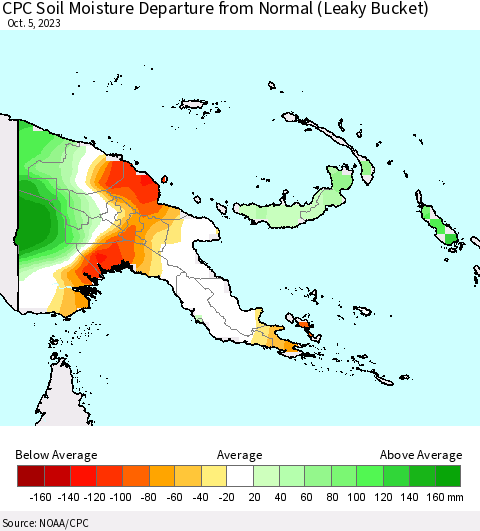 Papua New Guinea CPC Soil Moisture Departure from Normal (Leaky Bucket) Thematic Map For 10/1/2023 - 10/5/2023