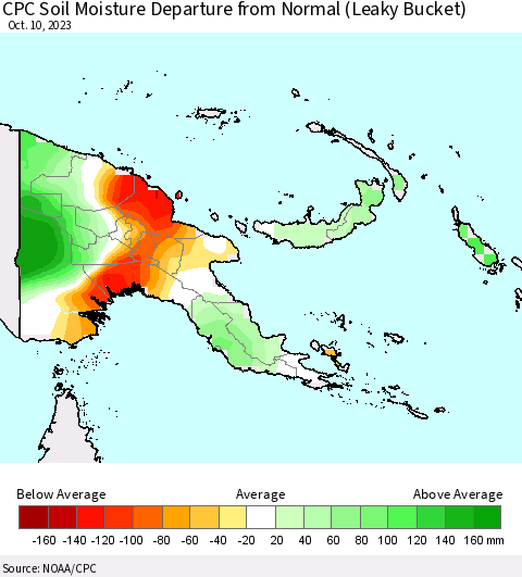 Papua New Guinea CPC Soil Moisture Departure from Normal (Leaky Bucket) Thematic Map For 10/6/2023 - 10/10/2023