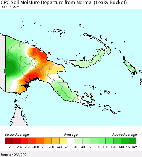 Papua New Guinea CPC Soil Moisture Departure from Normal (Leaky Bucket) Thematic Map For 10/11/2023 - 10/15/2023