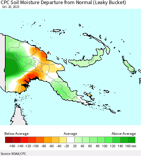 Papua New Guinea CPC Soil Moisture Departure from Normal (Leaky Bucket) Thematic Map For 10/16/2023 - 10/20/2023