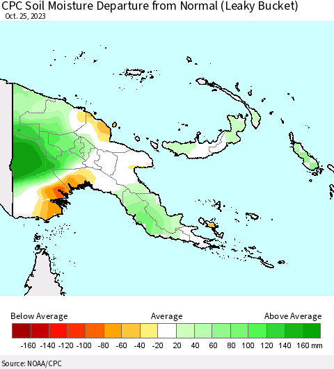 Papua New Guinea CPC Soil Moisture Departure from Normal (Leaky Bucket) Thematic Map For 10/21/2023 - 10/25/2023