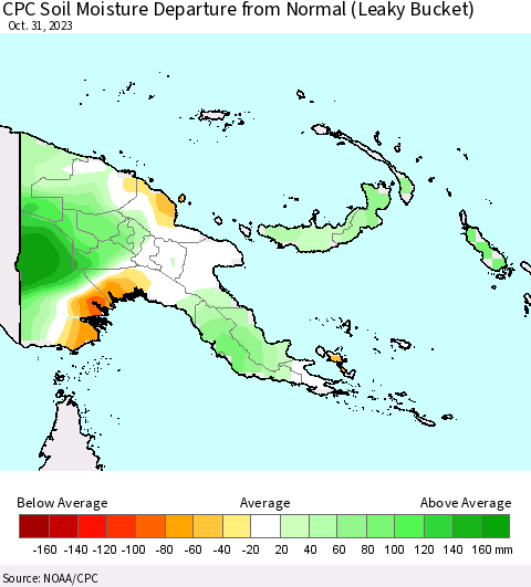 Papua New Guinea CPC Soil Moisture Departure from Normal (Leaky Bucket) Thematic Map For 10/26/2023 - 10/31/2023