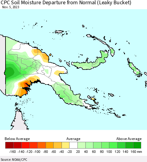 Papua New Guinea CPC Soil Moisture Departure from Normal (Leaky Bucket) Thematic Map For 11/1/2023 - 11/5/2023