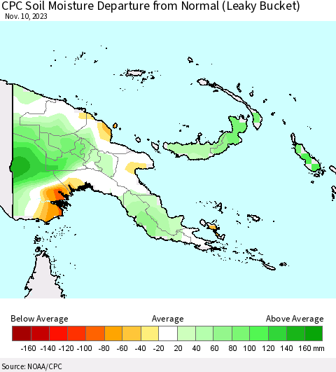 Papua New Guinea CPC Soil Moisture Departure from Normal (Leaky Bucket) Thematic Map For 11/6/2023 - 11/10/2023