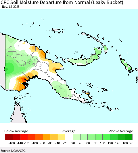 Papua New Guinea CPC Soil Moisture Departure from Normal (Leaky Bucket) Thematic Map For 11/11/2023 - 11/15/2023