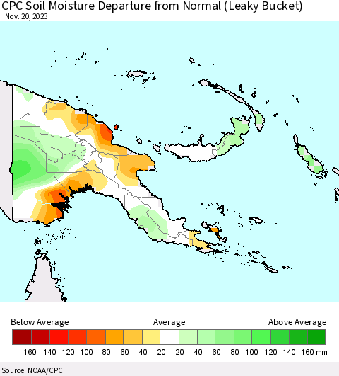 Papua New Guinea CPC Soil Moisture Departure from Normal (Leaky Bucket) Thematic Map For 11/16/2023 - 11/20/2023