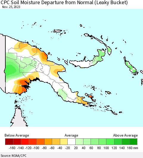 Papua New Guinea CPC Soil Moisture Departure from Normal (Leaky Bucket) Thematic Map For 11/21/2023 - 11/25/2023