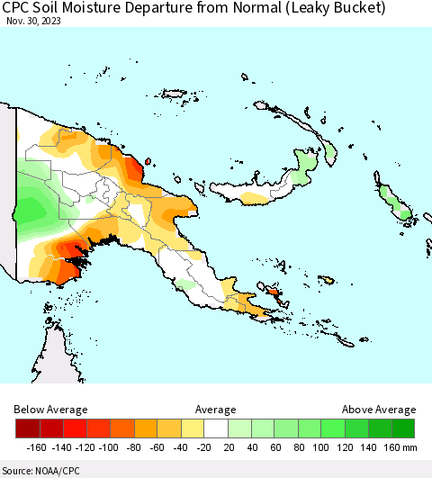 Papua New Guinea CPC Soil Moisture Departure from Normal (Leaky Bucket) Thematic Map For 11/26/2023 - 11/30/2023