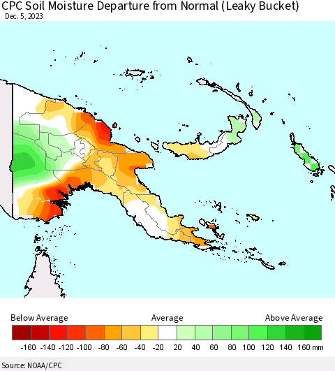 Papua New Guinea CPC Soil Moisture Departure from Normal (Leaky Bucket) Thematic Map For 12/1/2023 - 12/5/2023