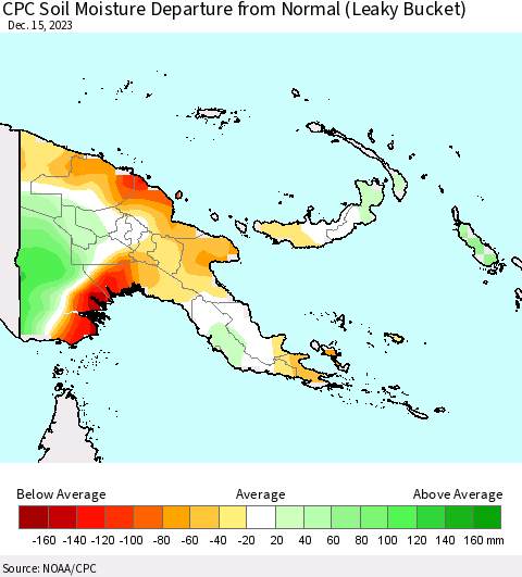 Papua New Guinea CPC Soil Moisture Departure from Normal (Leaky Bucket) Thematic Map For 12/11/2023 - 12/15/2023