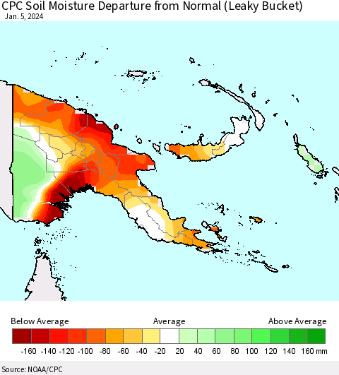 Papua New Guinea CPC Soil Moisture Departure from Normal (Leaky Bucket) Thematic Map For 1/1/2024 - 1/5/2024