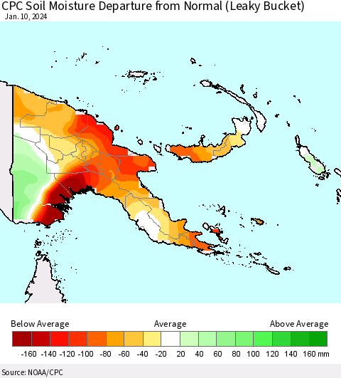 Papua New Guinea CPC Soil Moisture Departure from Normal (Leaky Bucket) Thematic Map For 1/6/2024 - 1/10/2024