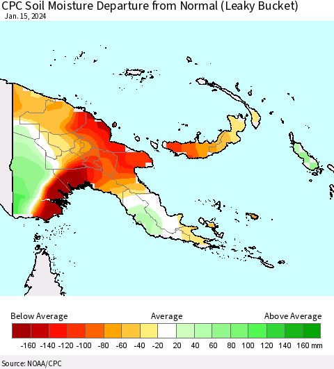 Papua New Guinea CPC Soil Moisture Departure from Normal (Leaky Bucket) Thematic Map For 1/11/2024 - 1/15/2024