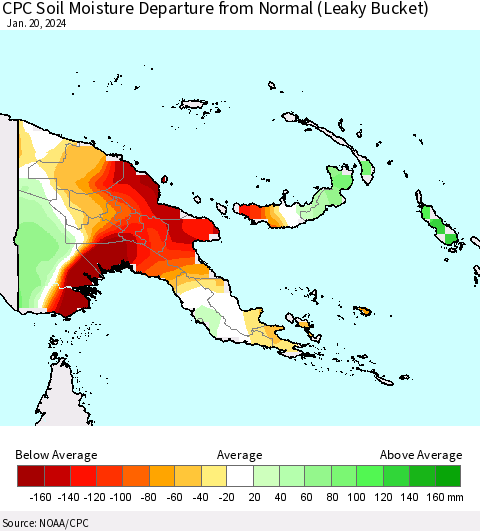 Papua New Guinea CPC Soil Moisture Departure from Normal (Leaky Bucket) Thematic Map For 1/16/2024 - 1/20/2024