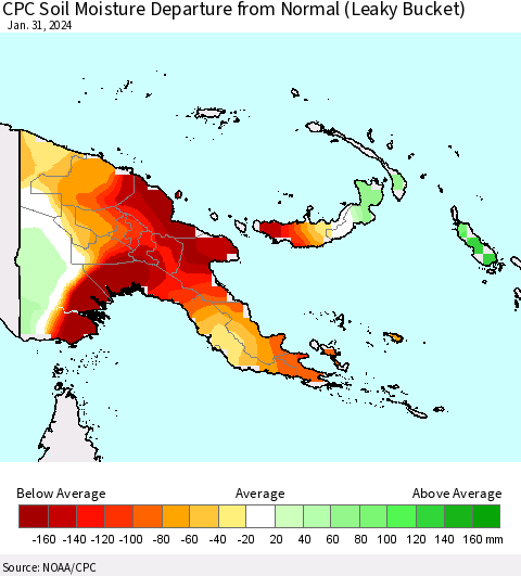 Papua New Guinea CPC Soil Moisture Departure from Normal (Leaky Bucket) Thematic Map For 1/26/2024 - 1/31/2024