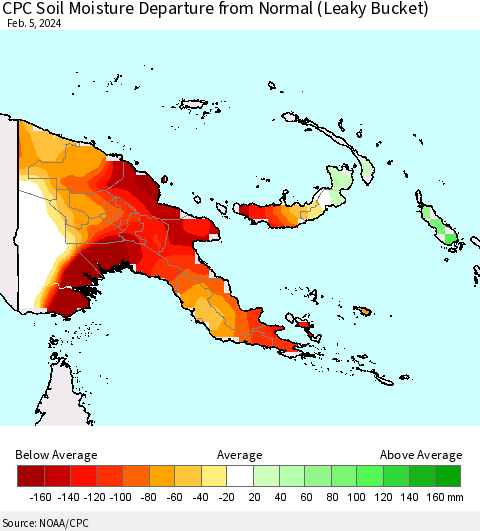Papua New Guinea CPC Soil Moisture Departure from Normal (Leaky Bucket) Thematic Map For 2/1/2024 - 2/5/2024
