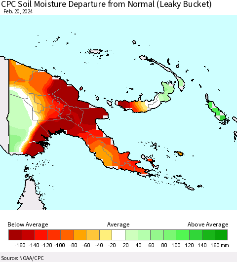 Papua New Guinea CPC Soil Moisture Departure from Normal (Leaky Bucket) Thematic Map For 2/16/2024 - 2/20/2024