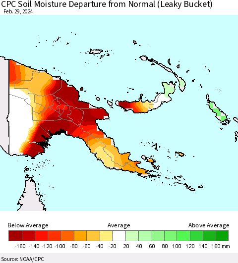 Papua New Guinea CPC Soil Moisture Departure from Normal (Leaky Bucket) Thematic Map For 2/26/2024 - 2/29/2024