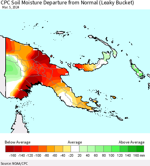 Papua New Guinea CPC Soil Moisture Departure from Normal (Leaky Bucket) Thematic Map For 3/1/2024 - 3/5/2024