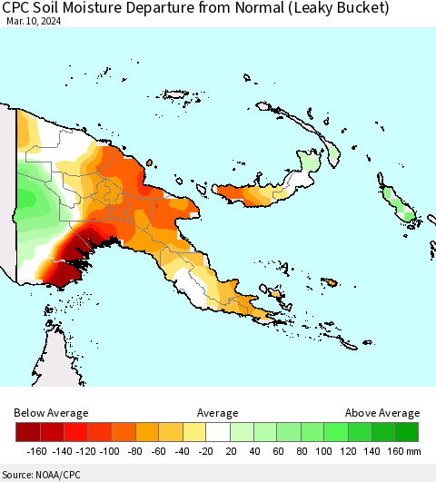 Papua New Guinea CPC Soil Moisture Departure from Normal (Leaky Bucket) Thematic Map For 3/6/2024 - 3/10/2024
