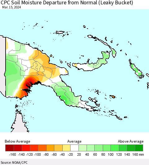 Papua New Guinea CPC Soil Moisture Departure from Normal (Leaky Bucket) Thematic Map For 3/11/2024 - 3/15/2024