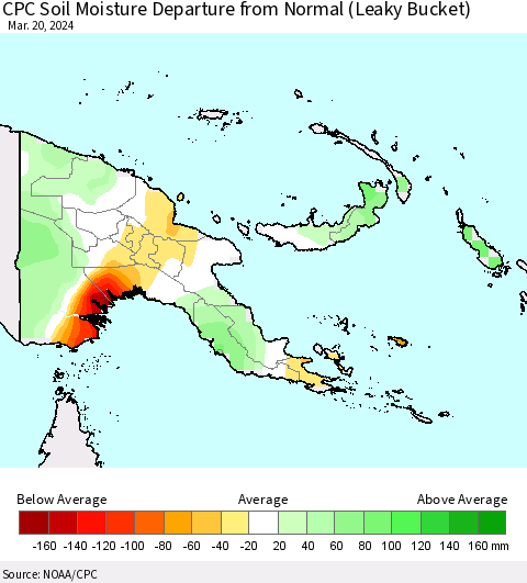 Papua New Guinea CPC Soil Moisture Departure from Normal (Leaky Bucket) Thematic Map For 3/16/2024 - 3/20/2024