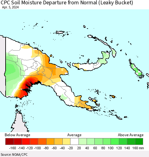 Papua New Guinea CPC Soil Moisture Departure from Normal (Leaky Bucket) Thematic Map For 4/1/2024 - 4/5/2024